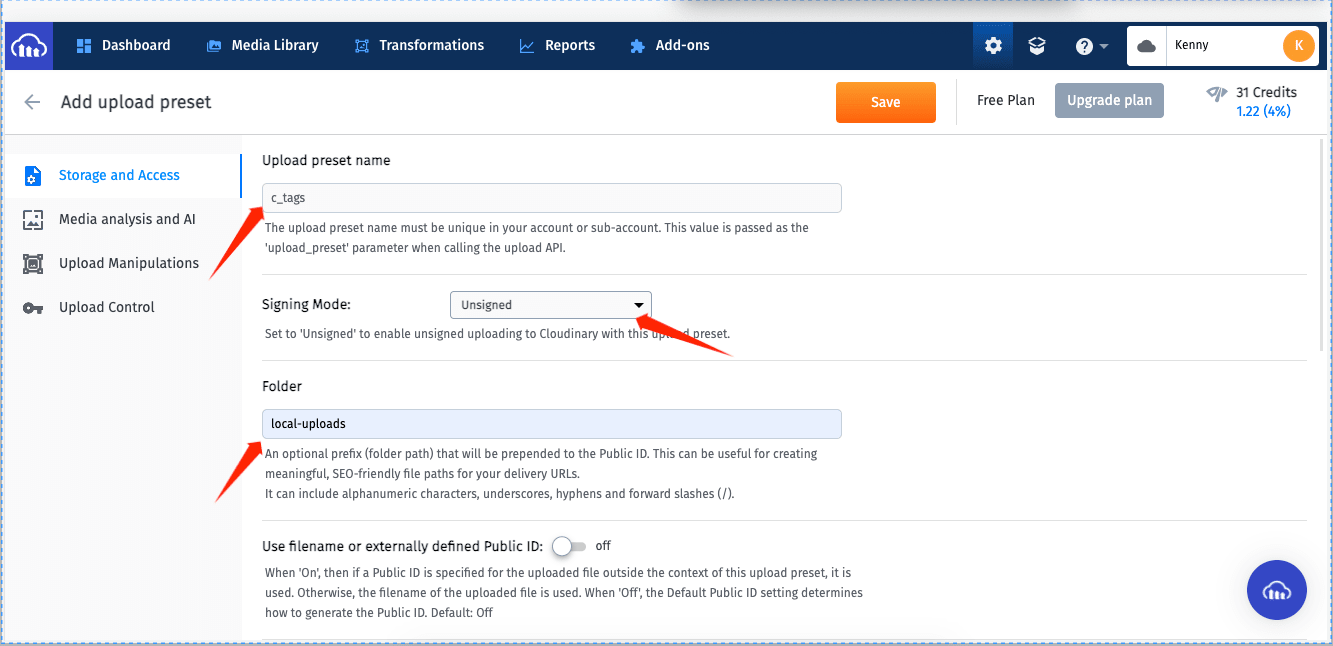 create upload preset in Cloudinary