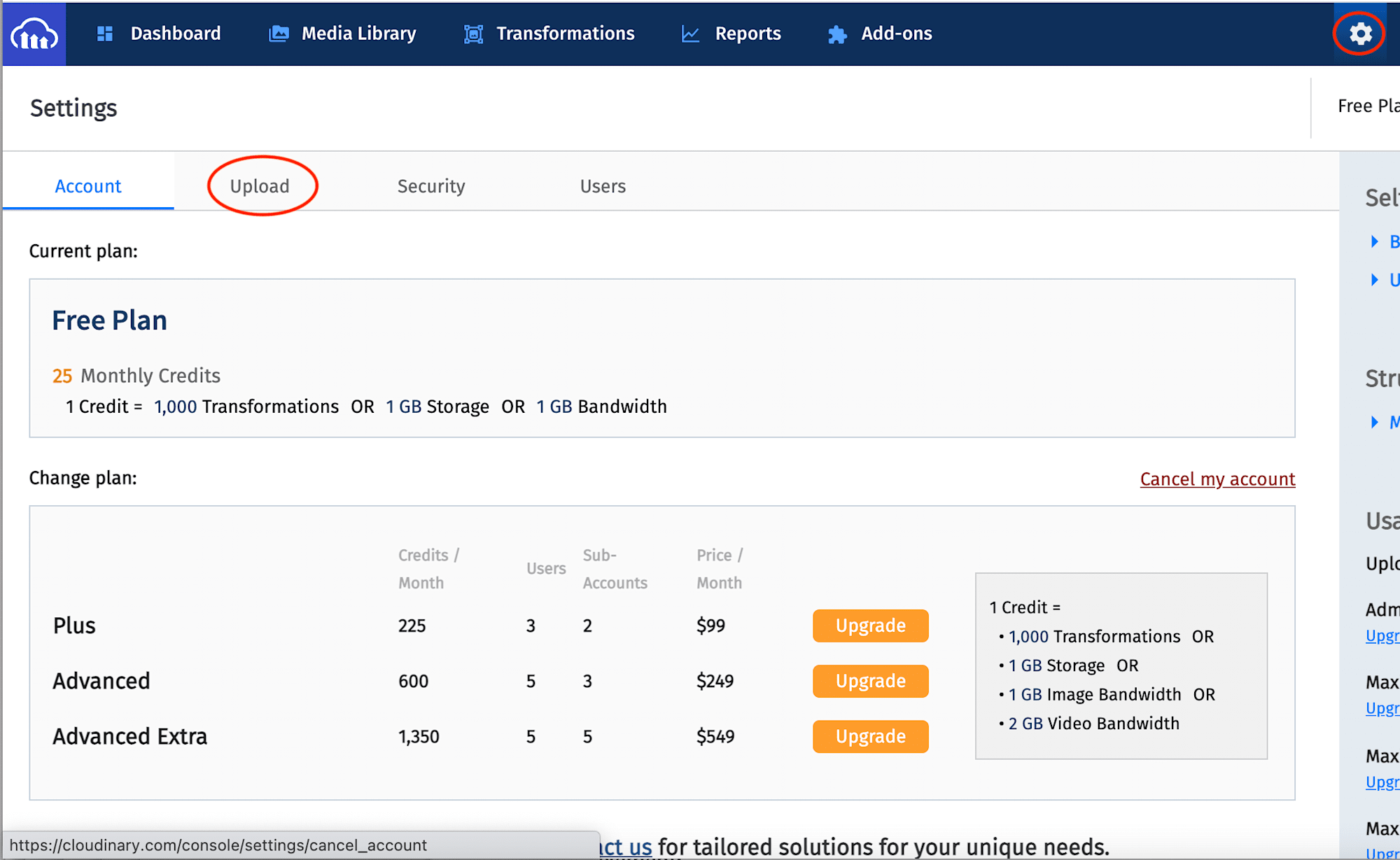 click settings and upload button