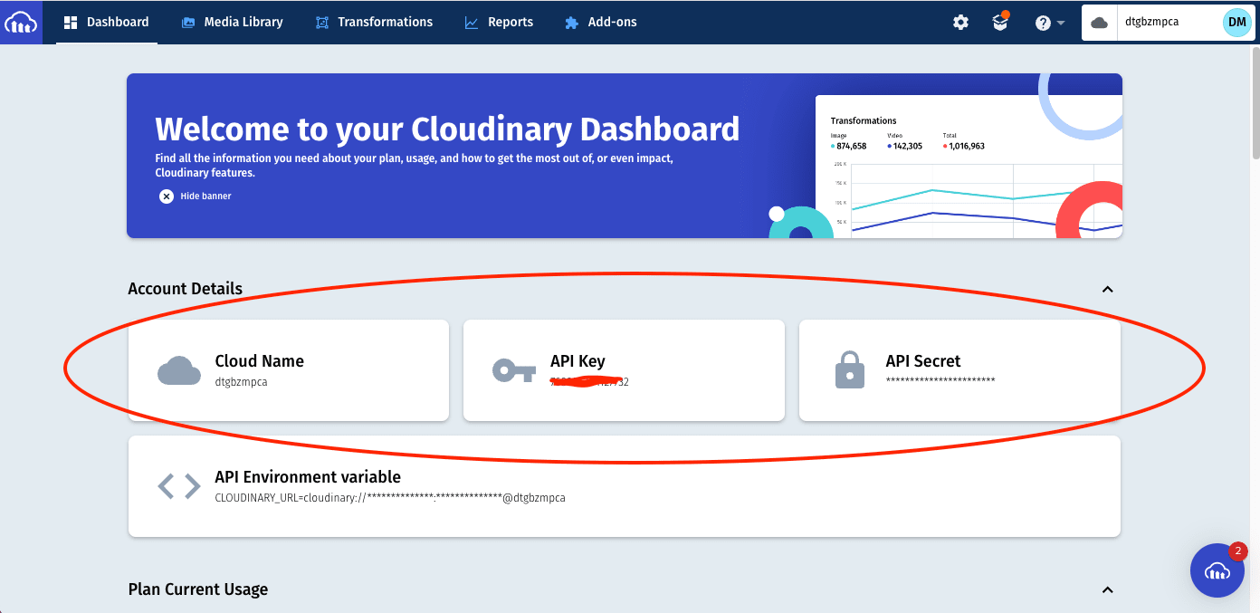 Cloud Name, API Key, and Secret Highlighted