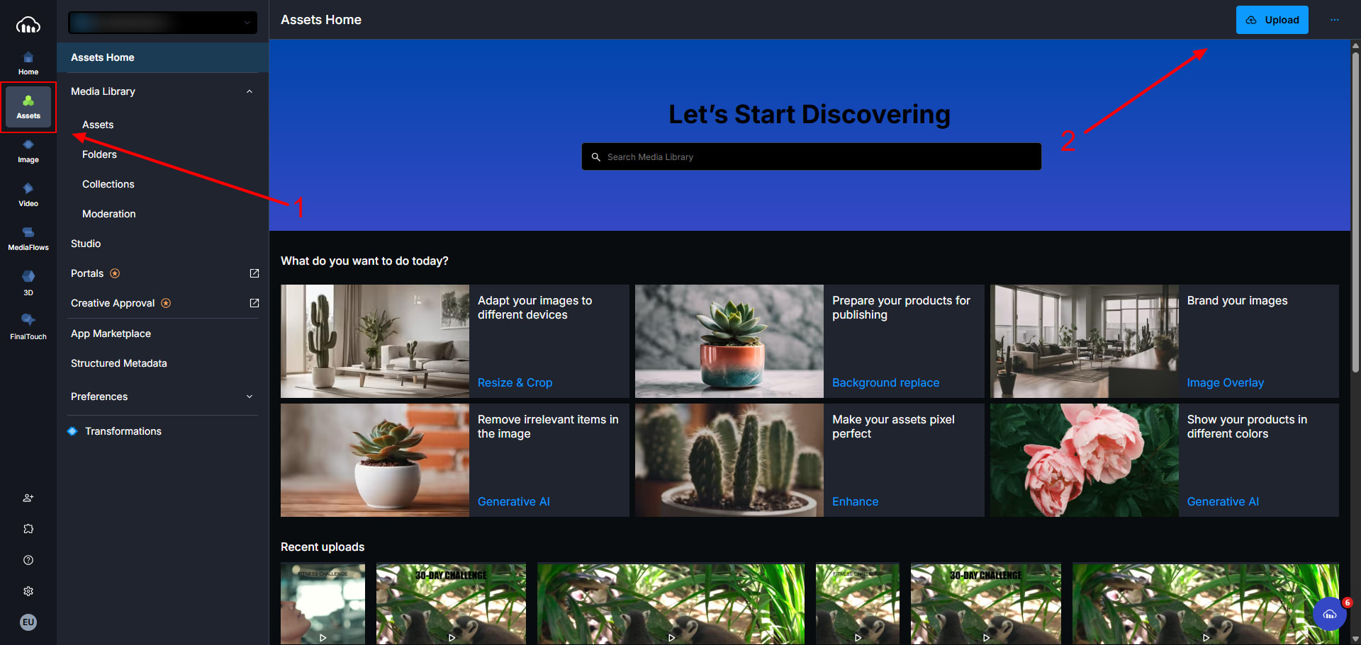 Cloudinary Media Library showing Cloudinary assets and an upload button that allows you upload assets