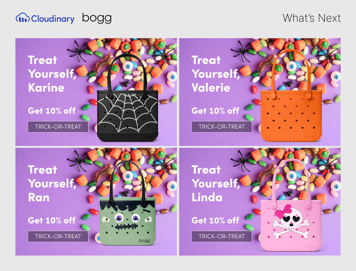 Four examples of personalized Bogg Bag Halloween imagery.