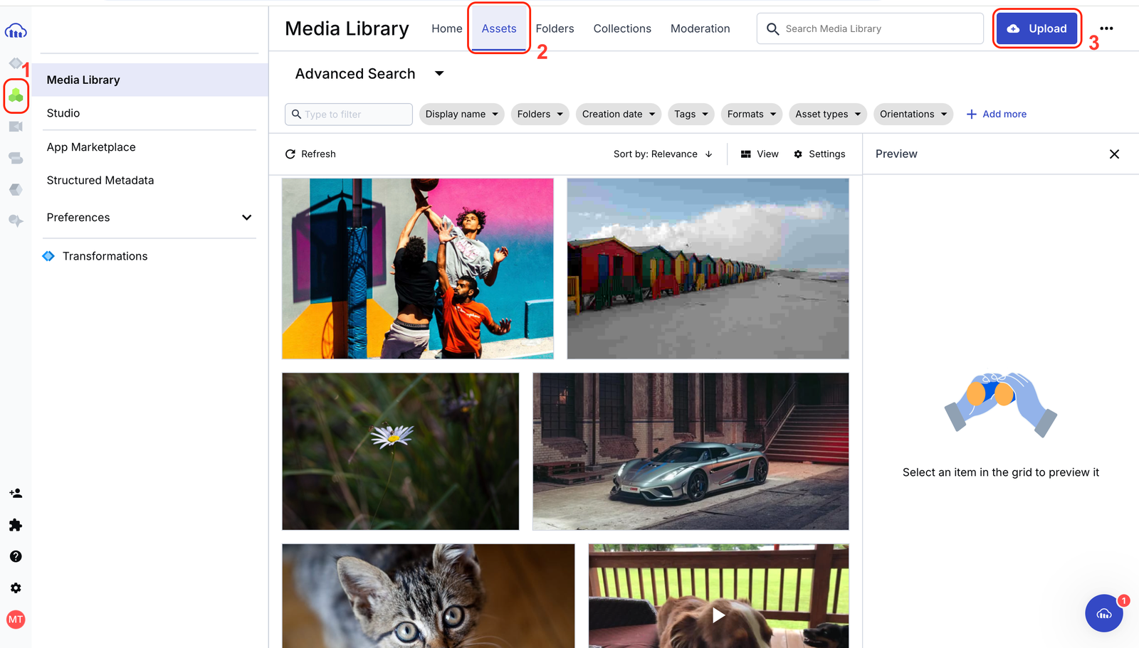 cloudinary media library with assets tab and upload button highlighted