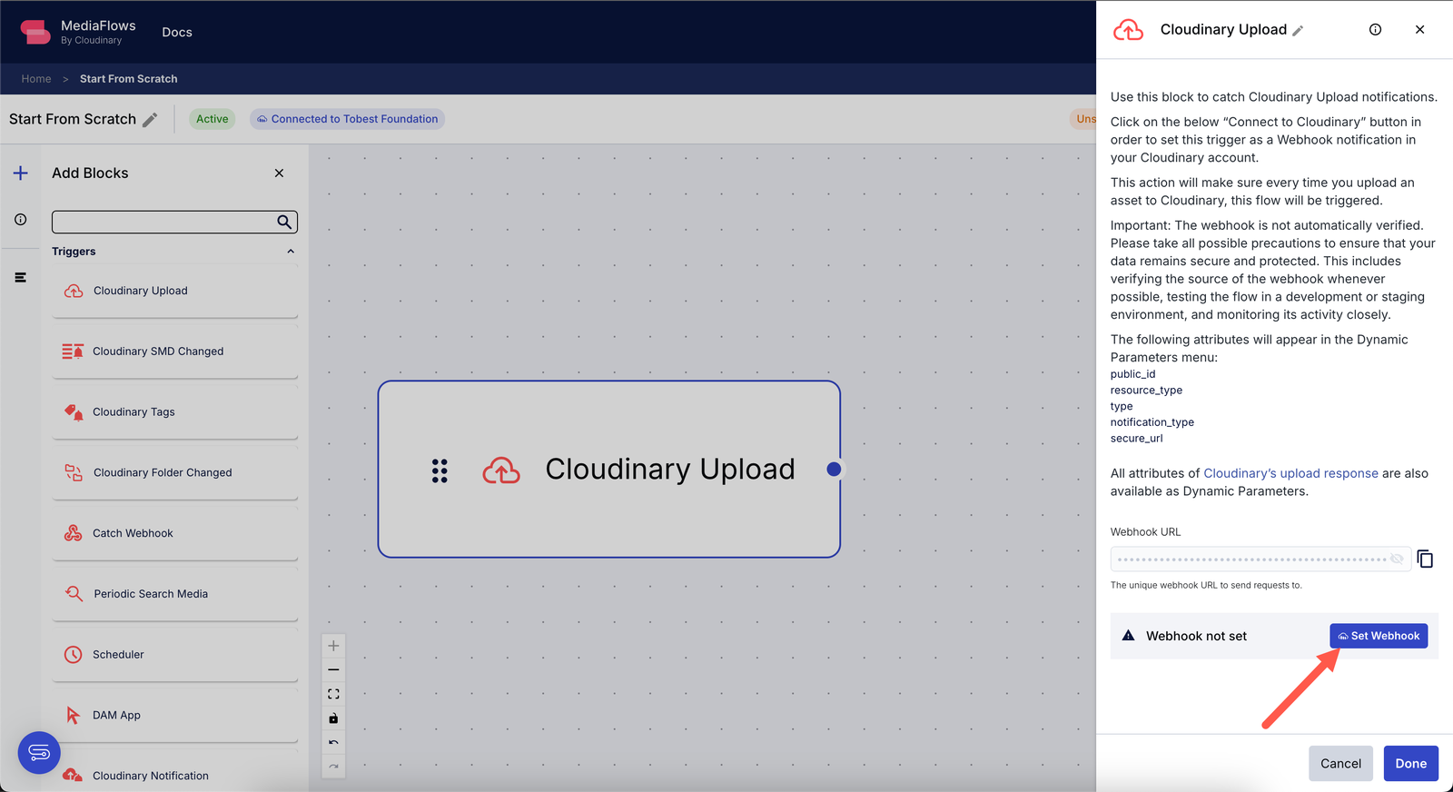 Red arrow pointing at Set Webhook button