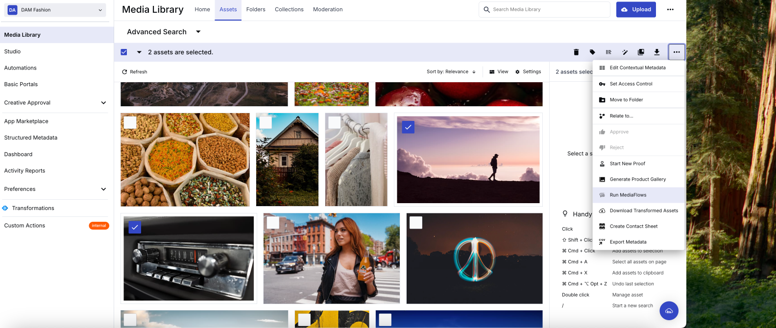 Selecting images and accessing MediaFlows