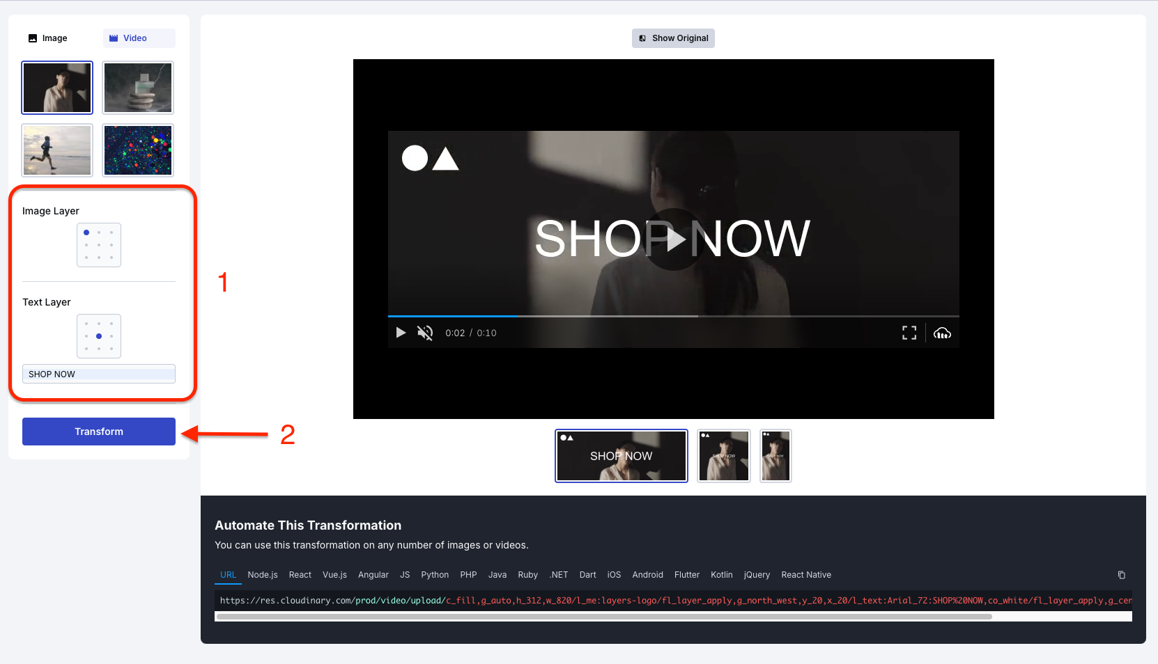 The Image Layer and Text Layer positions have changed. The Transformation button is now highlighted