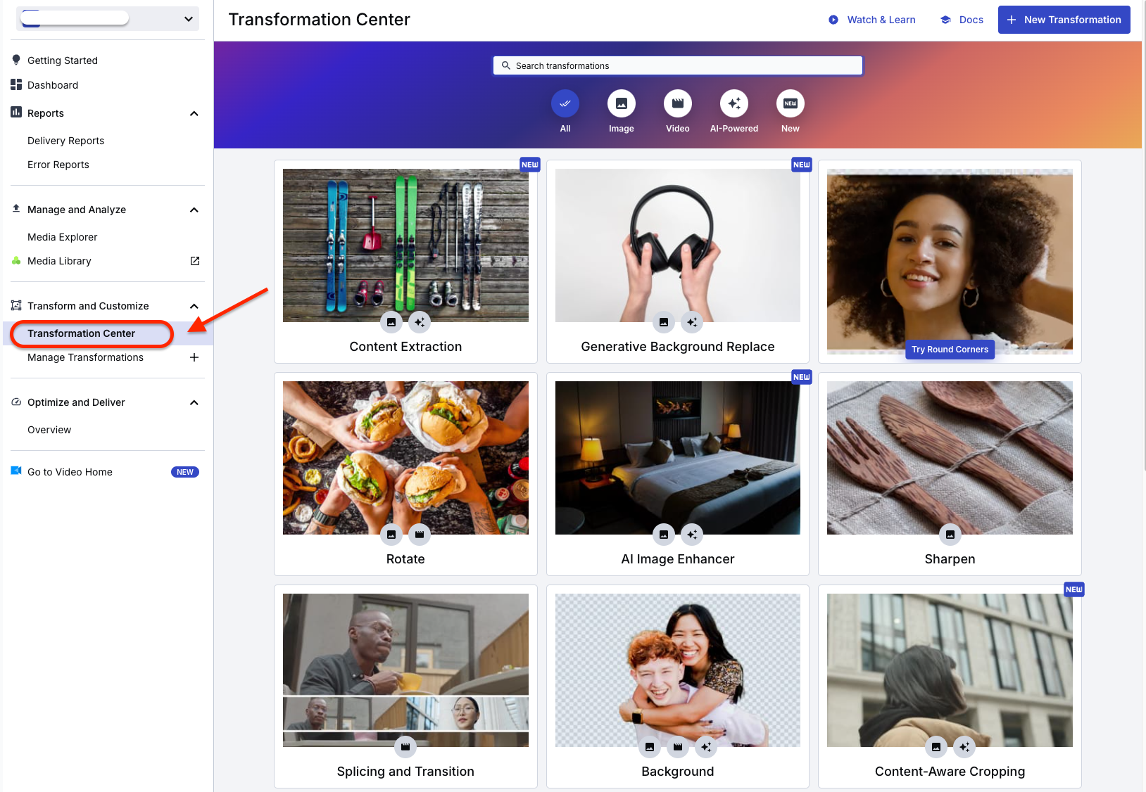 Cloudinary's Transformation Center highlighted on the dashboard
