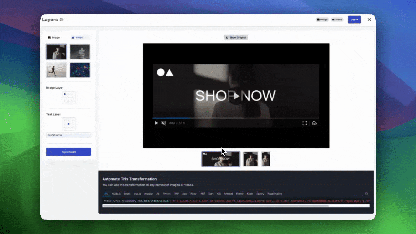 Results of the video transformation show the background moved to where we've placed the Image Layer in the settings