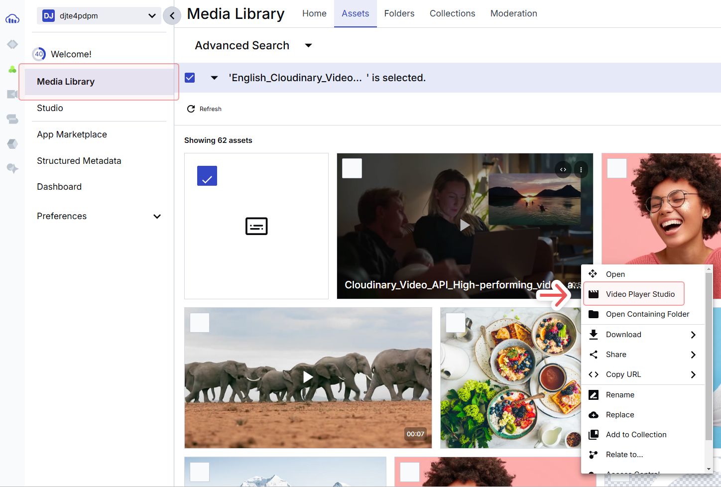 Cloudinary Media Library with the Media Library tab highlighted on the left-hand panel