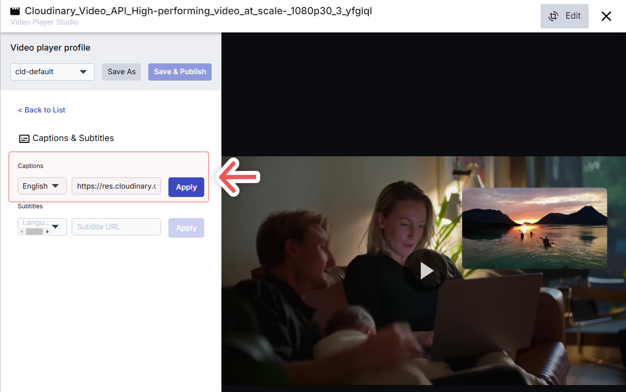In Captions & Subtitles tab, the Captions option is highlighted with English language selected. The image URL is filled in the box next to it.