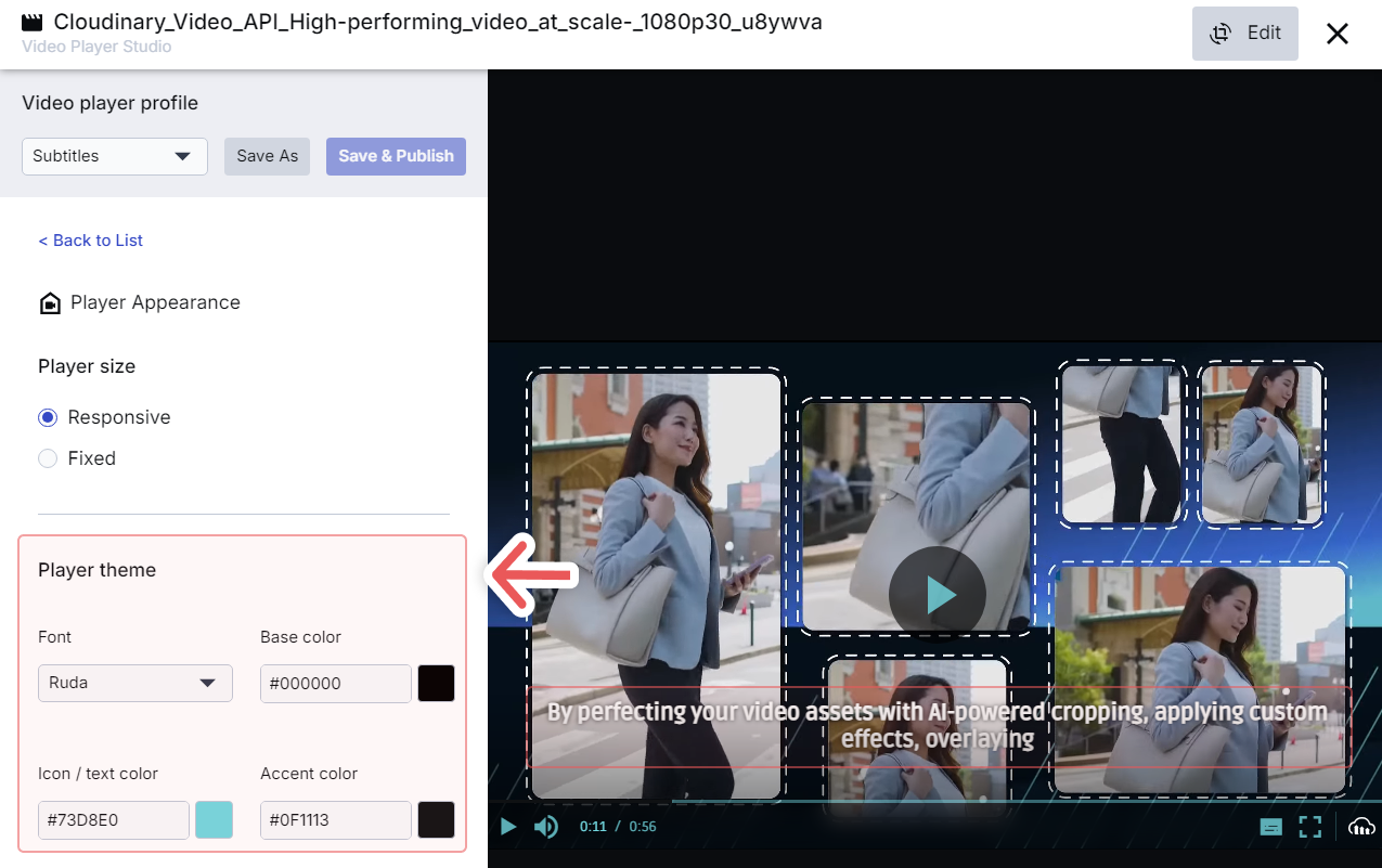 In Video player profile, the Player theme section is highlighted. You can change Font, Base color, Icon / text color, and Accent color.