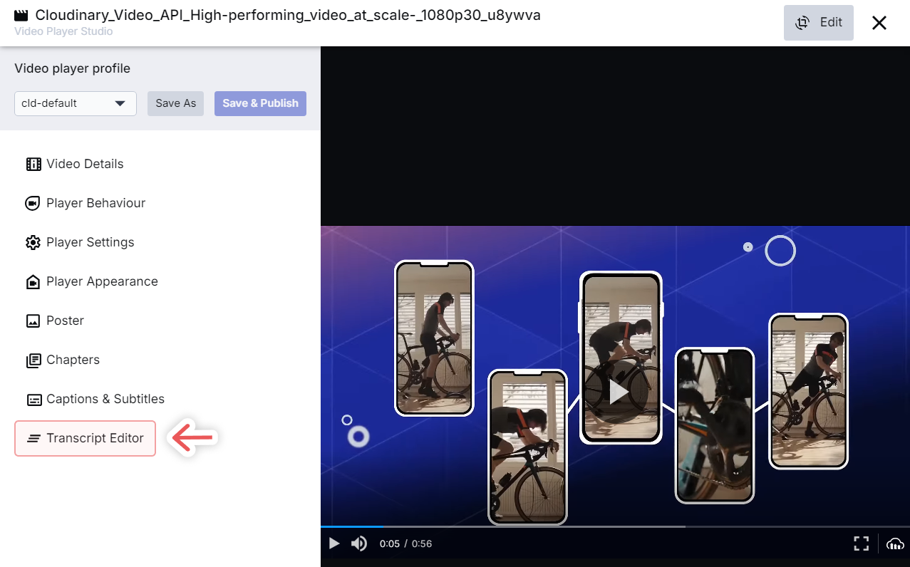 Cloudinary Video Studio with the Transcript Editor highlighted on the left-hand panel