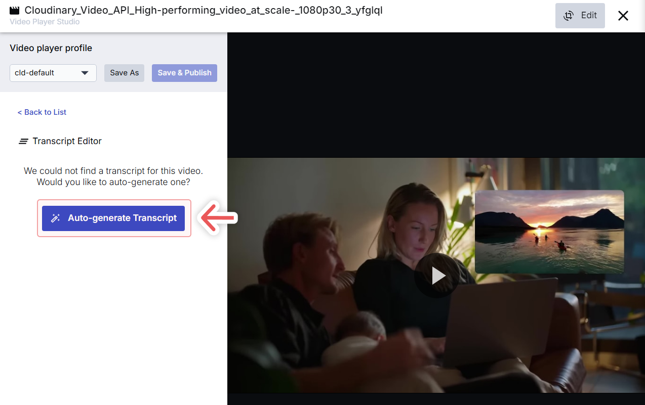 In Transcript Editor, the Auto-generate Transcript button is highlighted on the left-hand panel