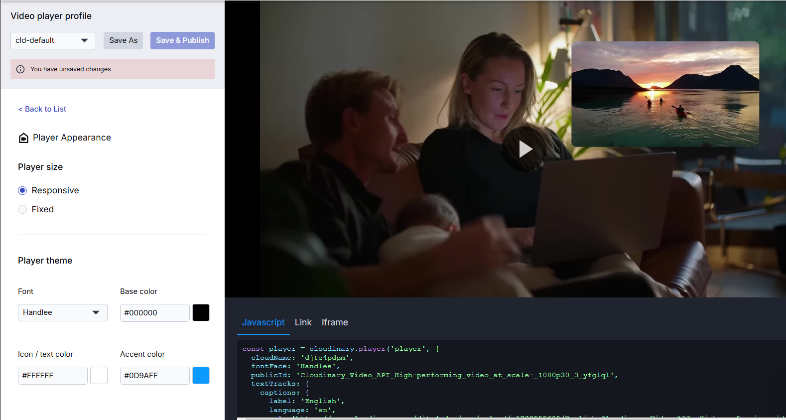 In Video player profile, there are many options for embedding the video: Jacascript code, link, iFrame, etc.