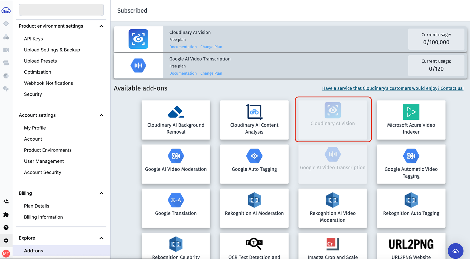 Cloudinary Add-ons page with Cloudinary AI Vision circled in the main panel