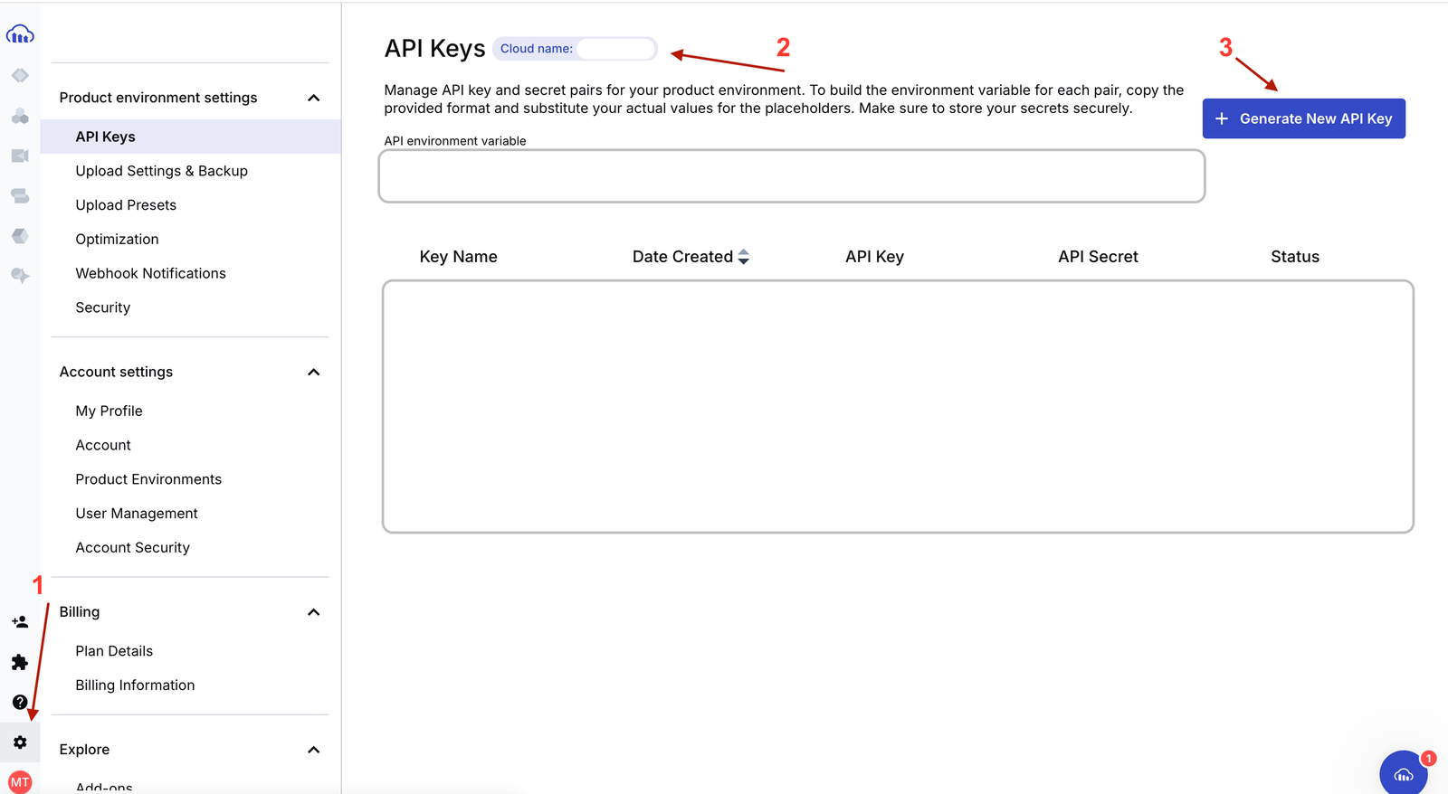 Cloudinary API Keys page with the Settings icon on the left navigation panel numbered 1, the API Keys' cloud name section in the main panel numbered 2, and the Generate New API Key button on the right numbered 3