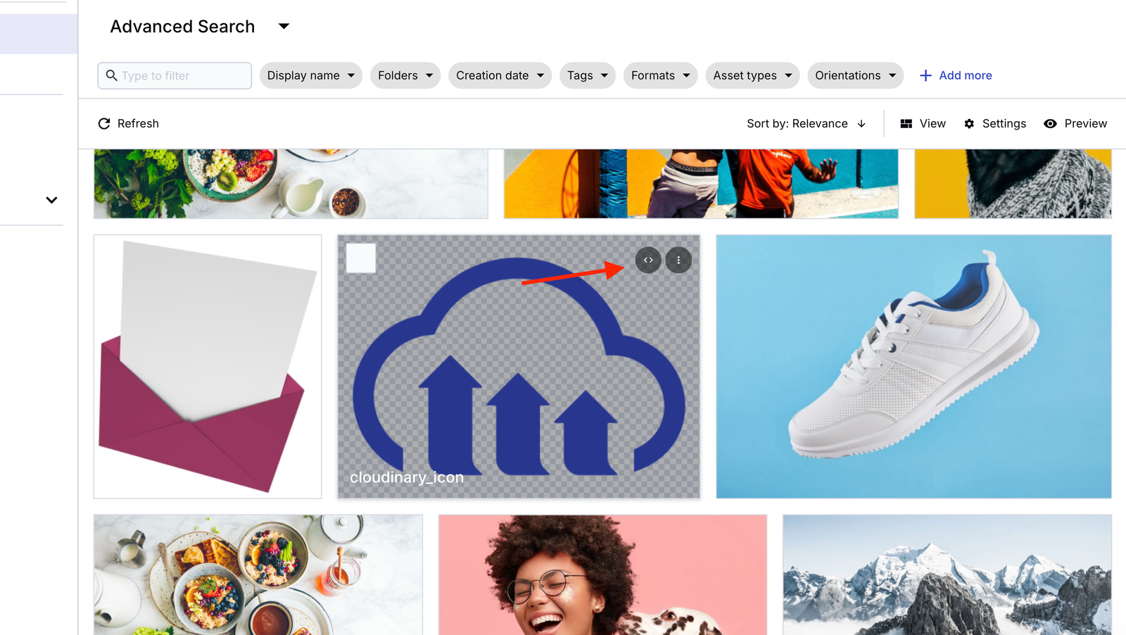 Cloudinary assets page with a red arrow pointing to the Copy URL icon when hovering over an image