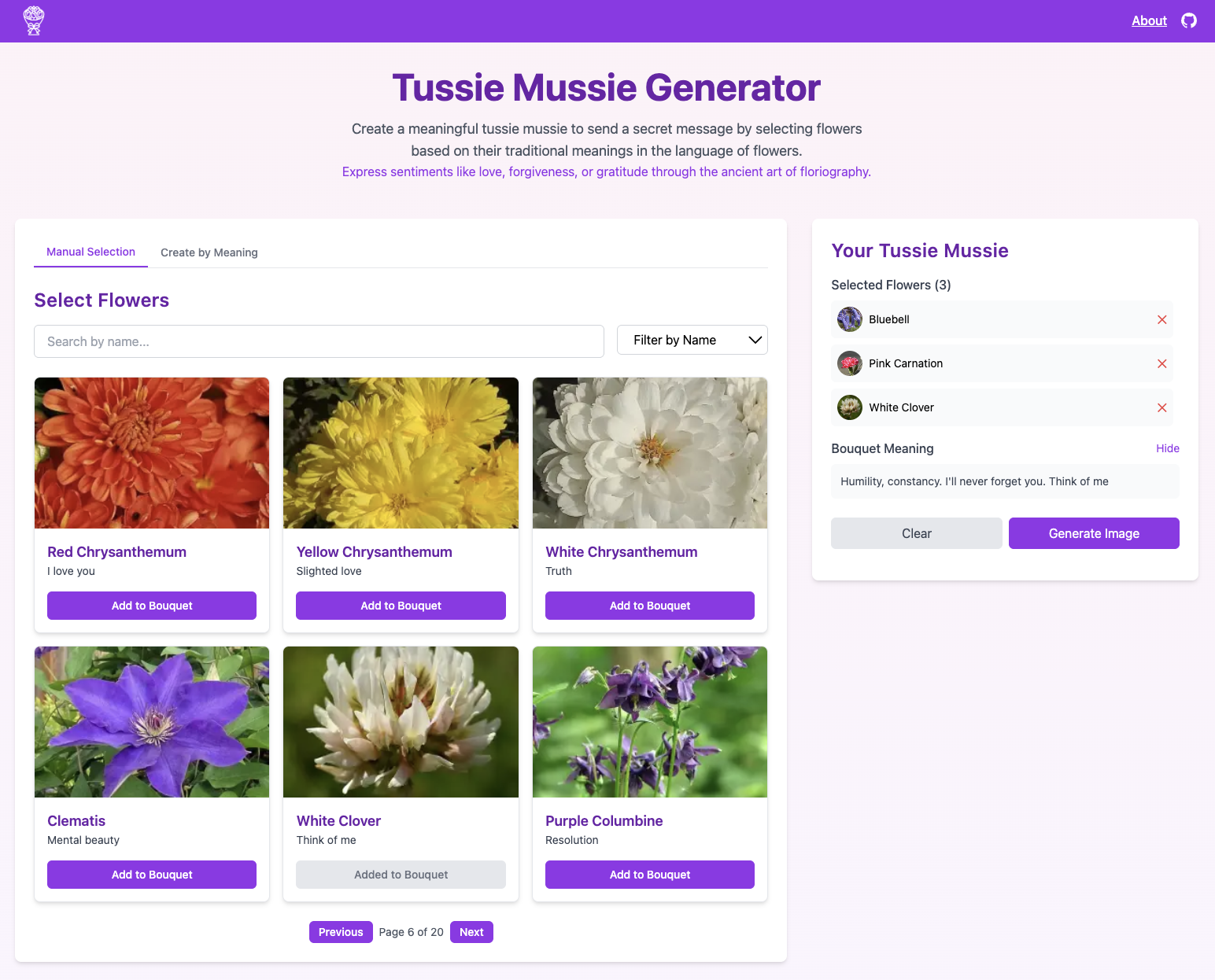 Tussie Mussie Generator with options for different flowers to add to your digital bouquet.
