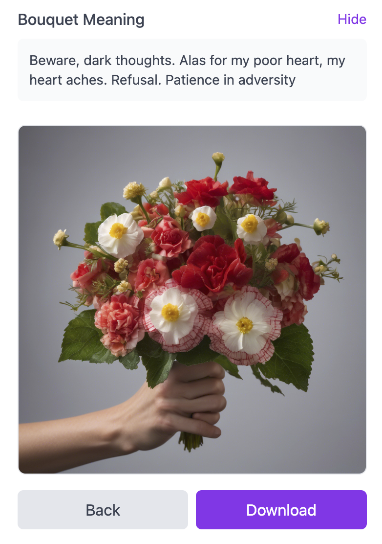 A generated bouquet with the headline "Bouquet Meaning." Underneath, the text: Beware, dark thoughts. Alas for my poor heart, my heart aches. Refusal. Patience in adversity. Underneath it is a bouquet with the selected flowers, and Back and Download buttons.