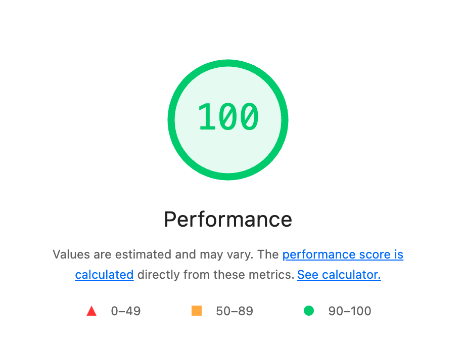 Performance score on Lighthouse is 100.