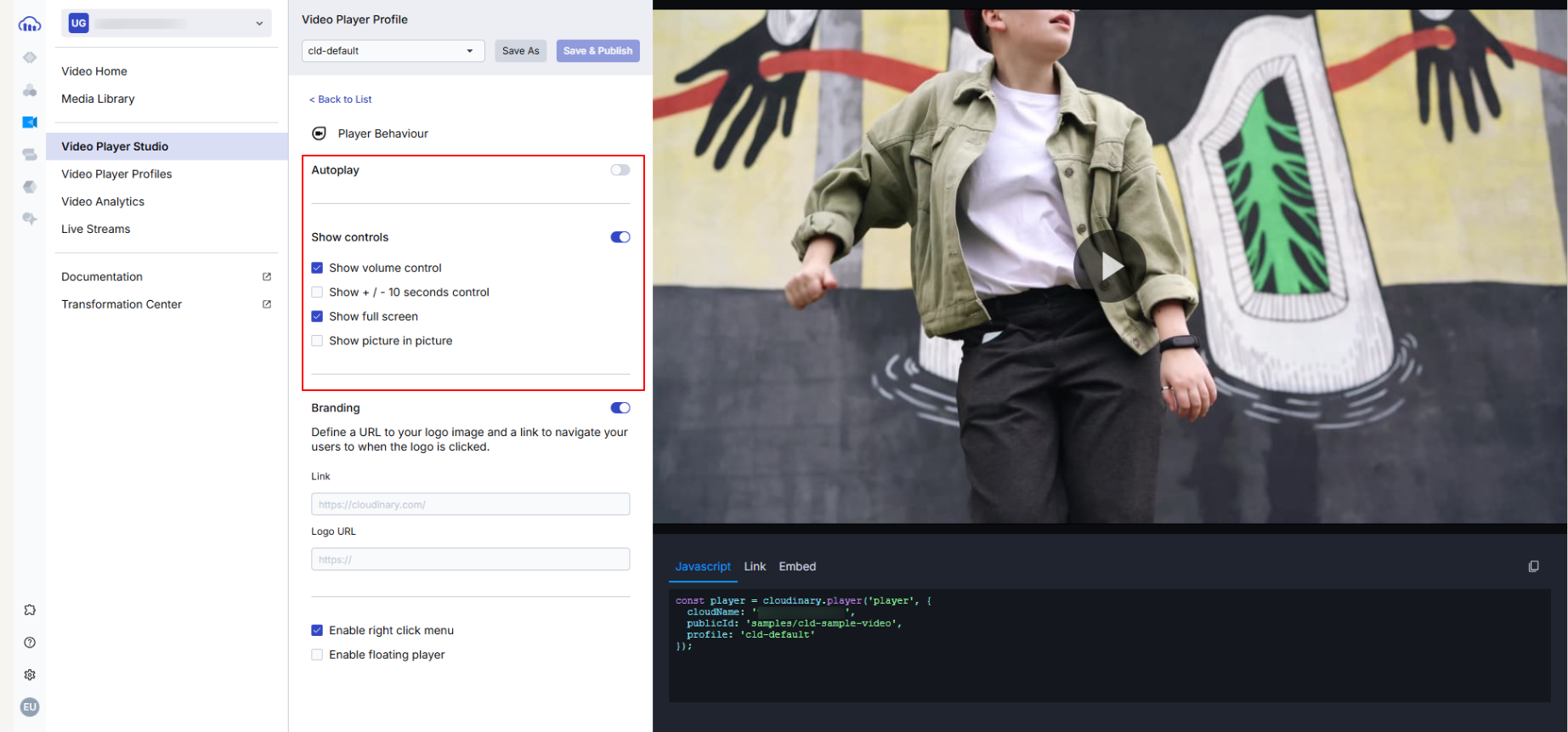 Cloudiunary's Video Player Studio with Autoplay circled. Show controls is toggled on, with show volume control and Show full screen toggled on.