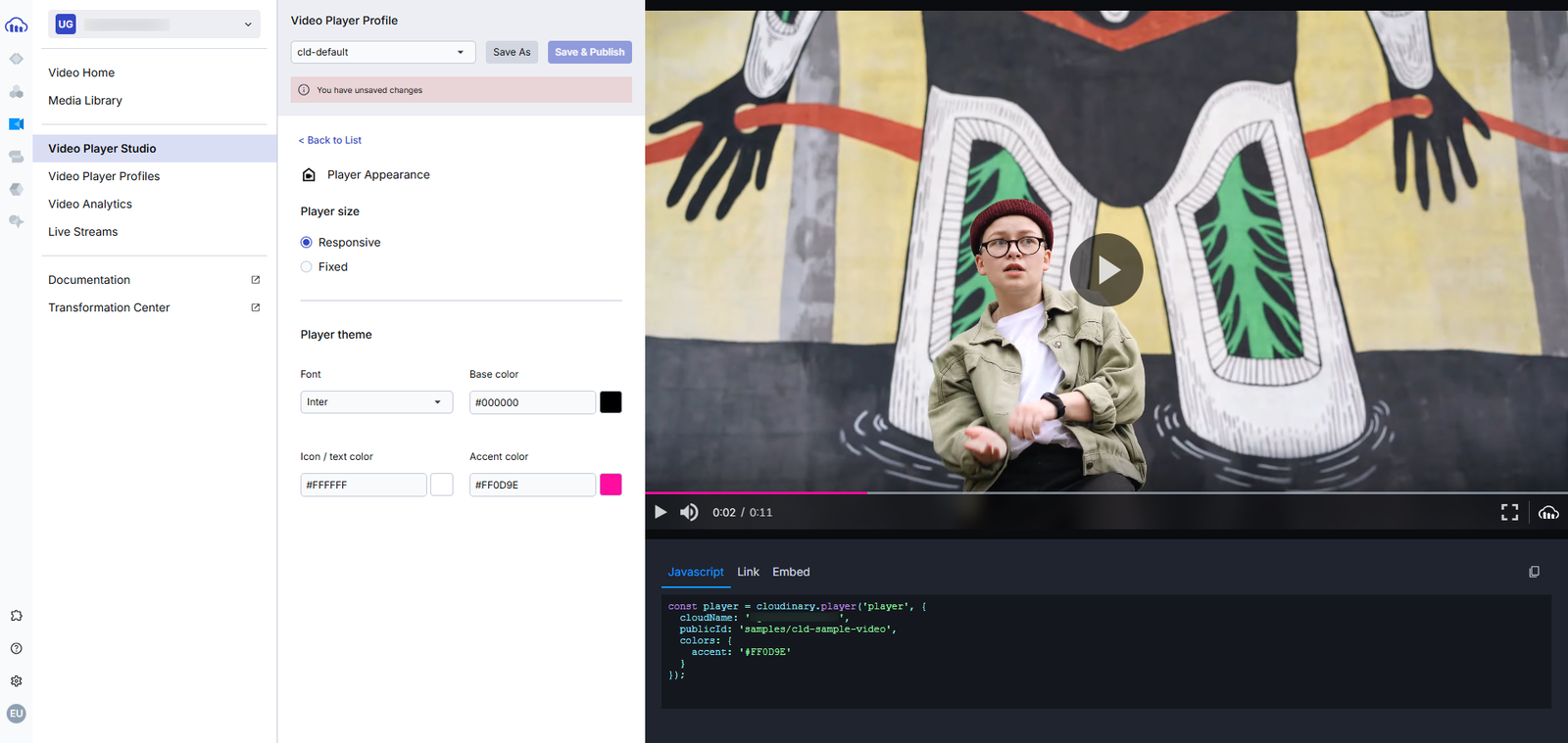 Cloudinary's Video Player Studio with Player theme showing. You can change the font and icon/text colors.