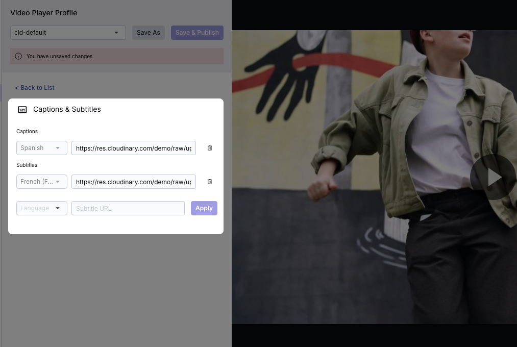 The Captions & Subtitles section with Spanish captions and French subtitles uploaded.