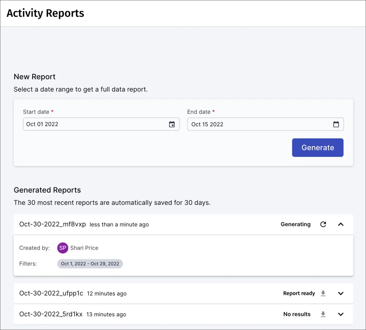 New report with a start date of October 1, 2022 and End date of October 15, 2025