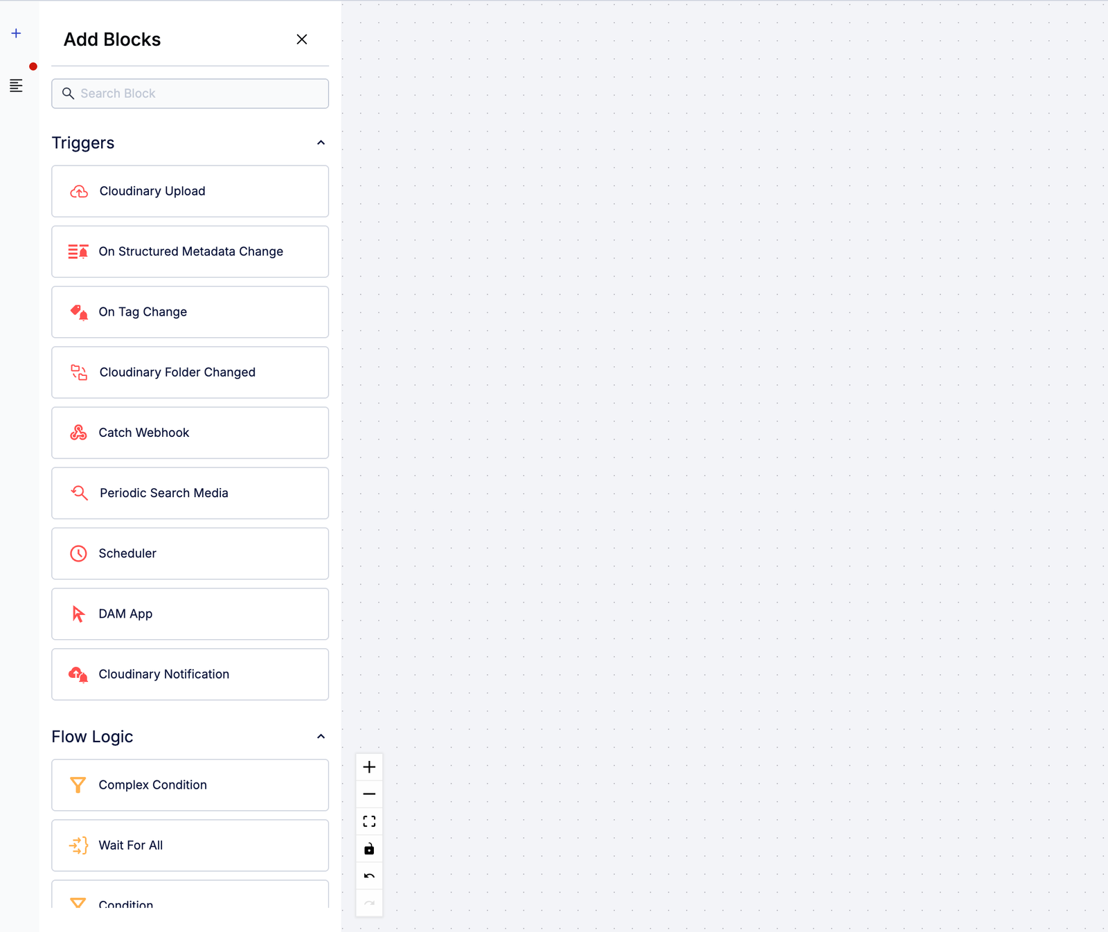 MediaFlows blocks:
Triggers: Cloudinary Upload, On Structured Metadata Change, On Tag Change, Cloudinary Folder Changed, Catch Webhook, Periodic Search Media, Scheduler, DAM App, Cloudinary Notification. Flow Logic: Complex Condition, Wait For All, Condition, and more outside of the screenshot.