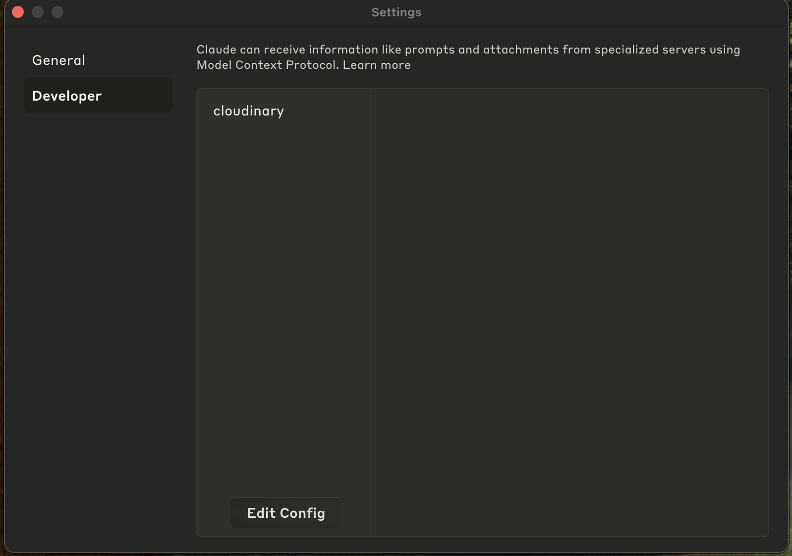 Settings section with Cloudinary under Developers