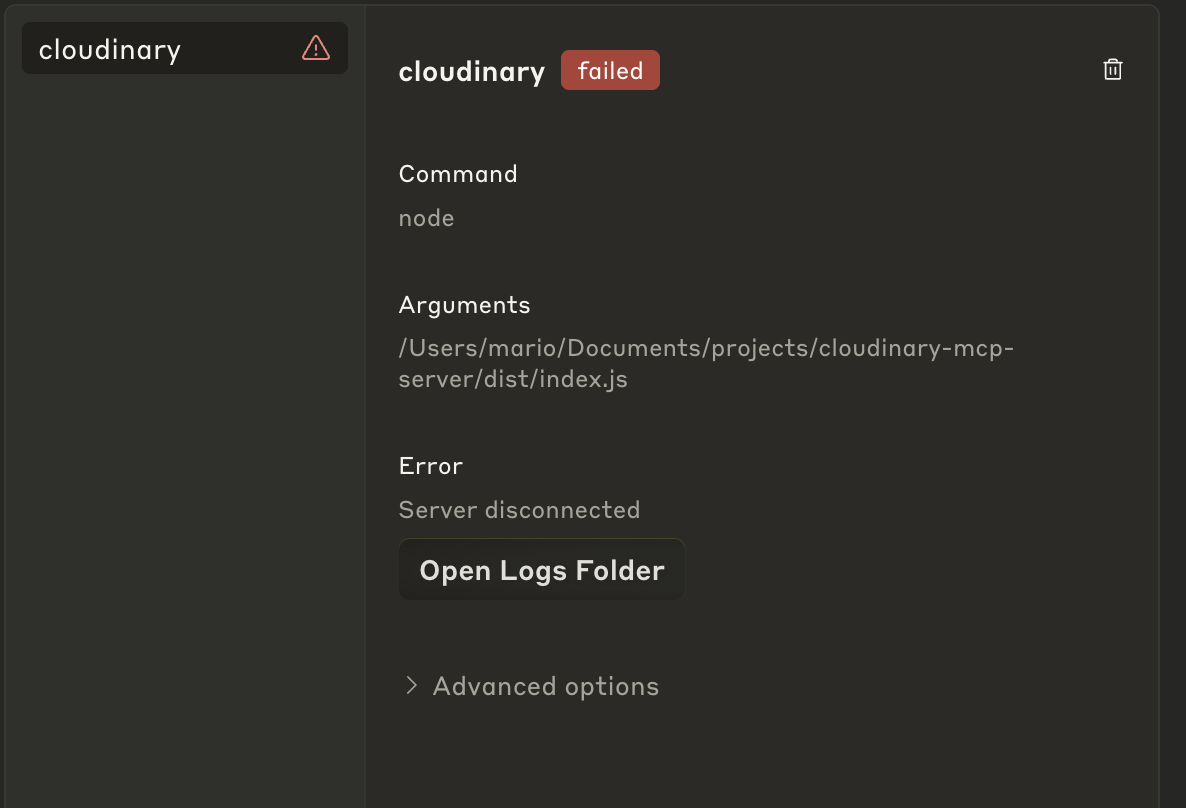 A red Failed notification next to Cloudinary. The Error says “Server disconnected”.