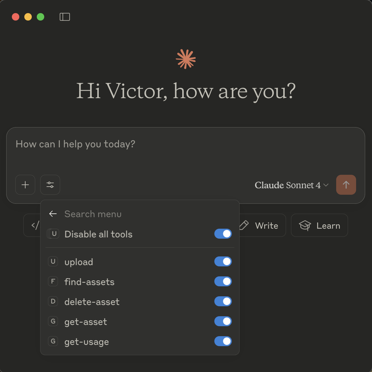 Inside Claude, there’s a text box where you can type what you’d like Claude to do. A dropdown menu includes toggles for: Disable all tools, Upload, find-assets, delete-asset, get-asset, and get-usage