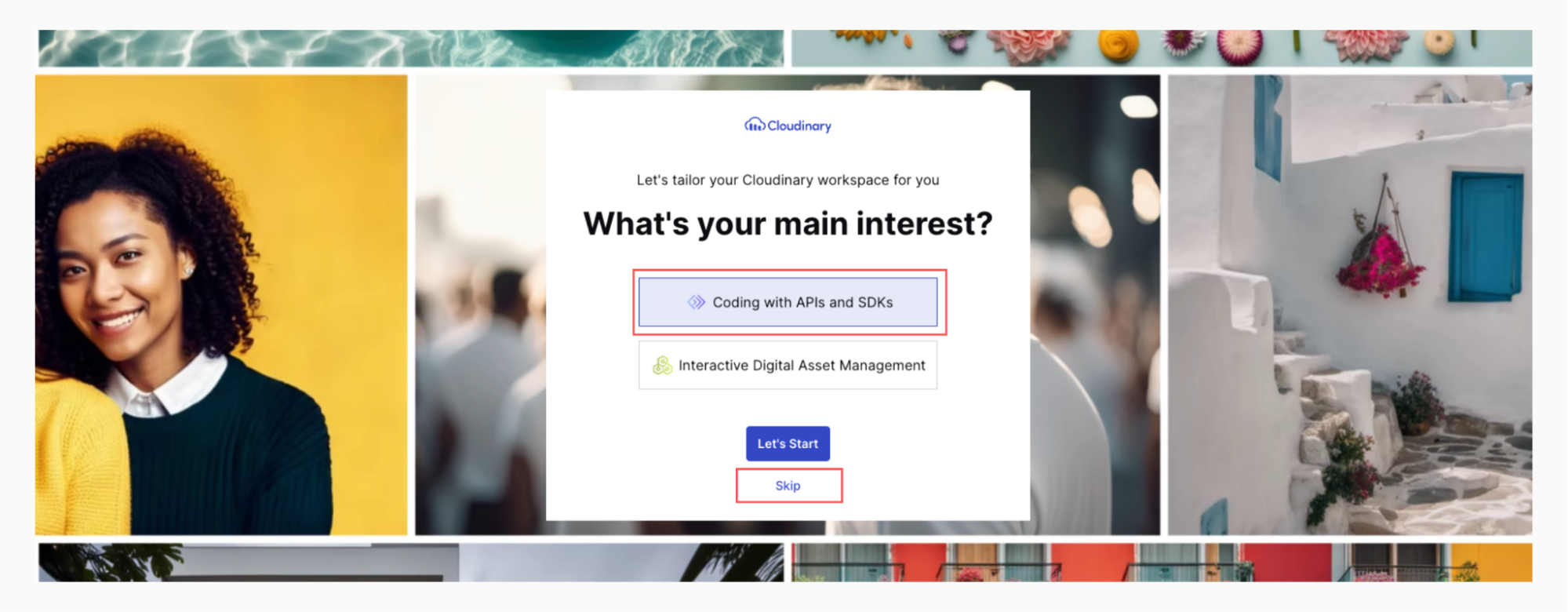 Cloudinary account message asking, "What's your main interest?" upon setup. Options are Coding with APIs and SDKs and Interactive Digital Asset Management.