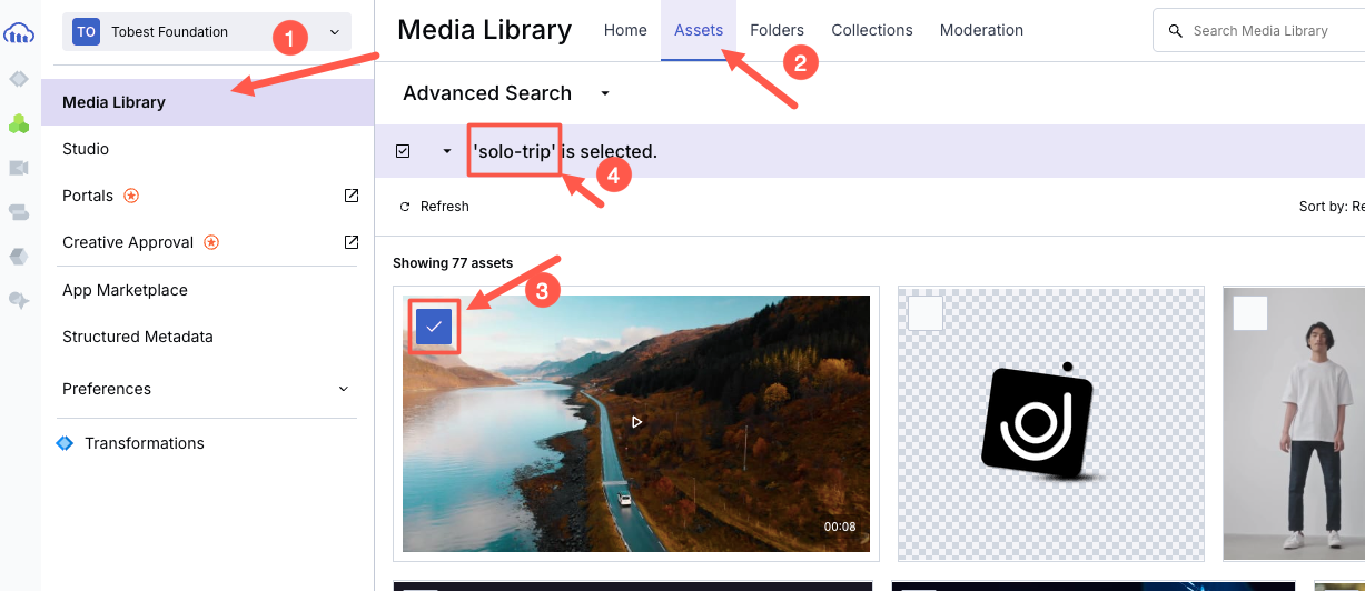 Cloudinary Media Library with arrows pointing at the Assets tab at the top, the checkbox checked on the image, and the name of the image 'solo-trip'