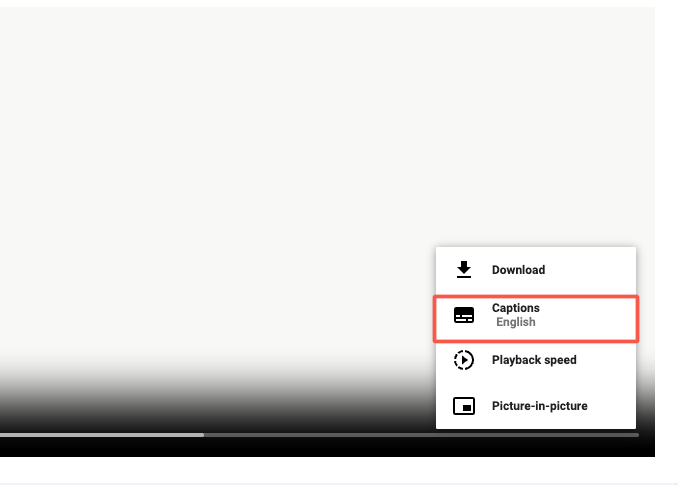 Video player with the Captions: English option highlighted.