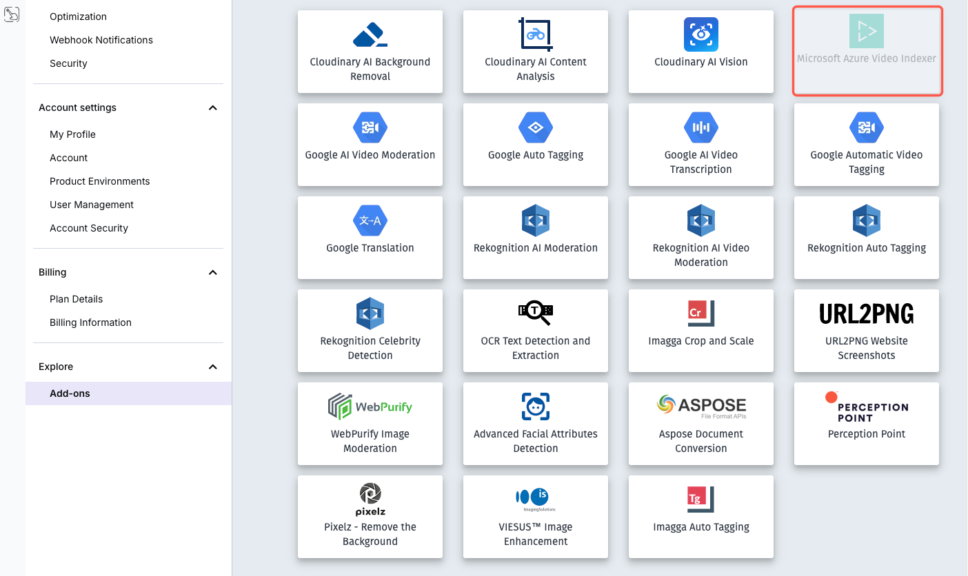 Cloudinary dashboard with Microsoft Azure Video Indexer highlighted