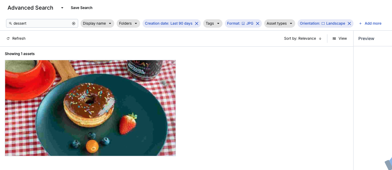 Advanced search example usage. Filter text is “dessert”, creation date is “last 90 days”, format is “JPG”, and orientation is “landscape”. Found one image.