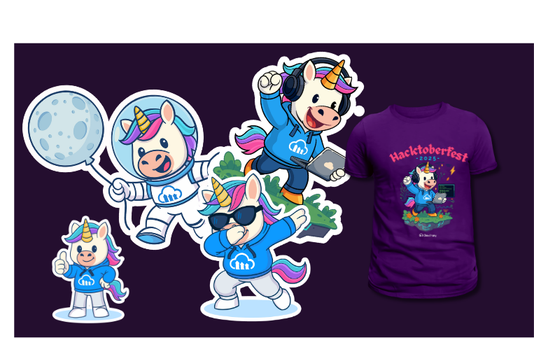 The Cloudinary unicorn on a T-shirt. Sticker 1 is the Cloudinary unicorn posing with a thumbs up. Sticker 2 is the Cloudinary unicorn dressed as an astronaut and holding a balloon in the shape of the moon. Sticker 3 is the Cloudinary unicorn holding a laptop and fist pumping the air.