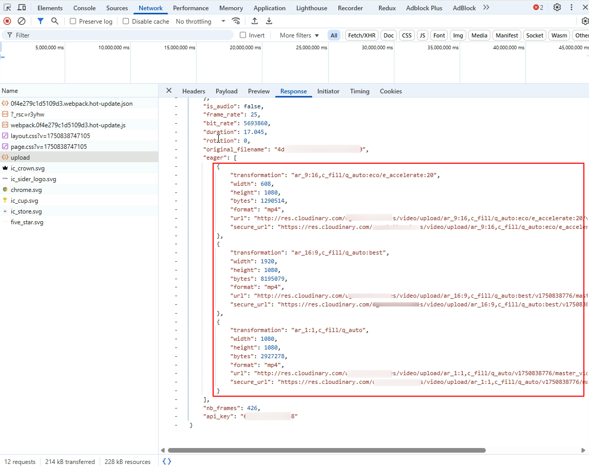 Upload function response: video variants highlighted