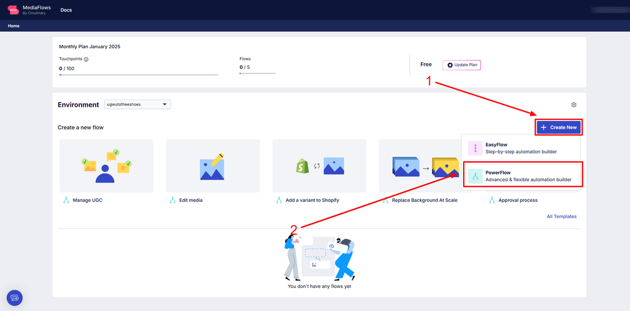 MediaFlows PowerFlow with +Create New and PowerFlow buttons highlighted