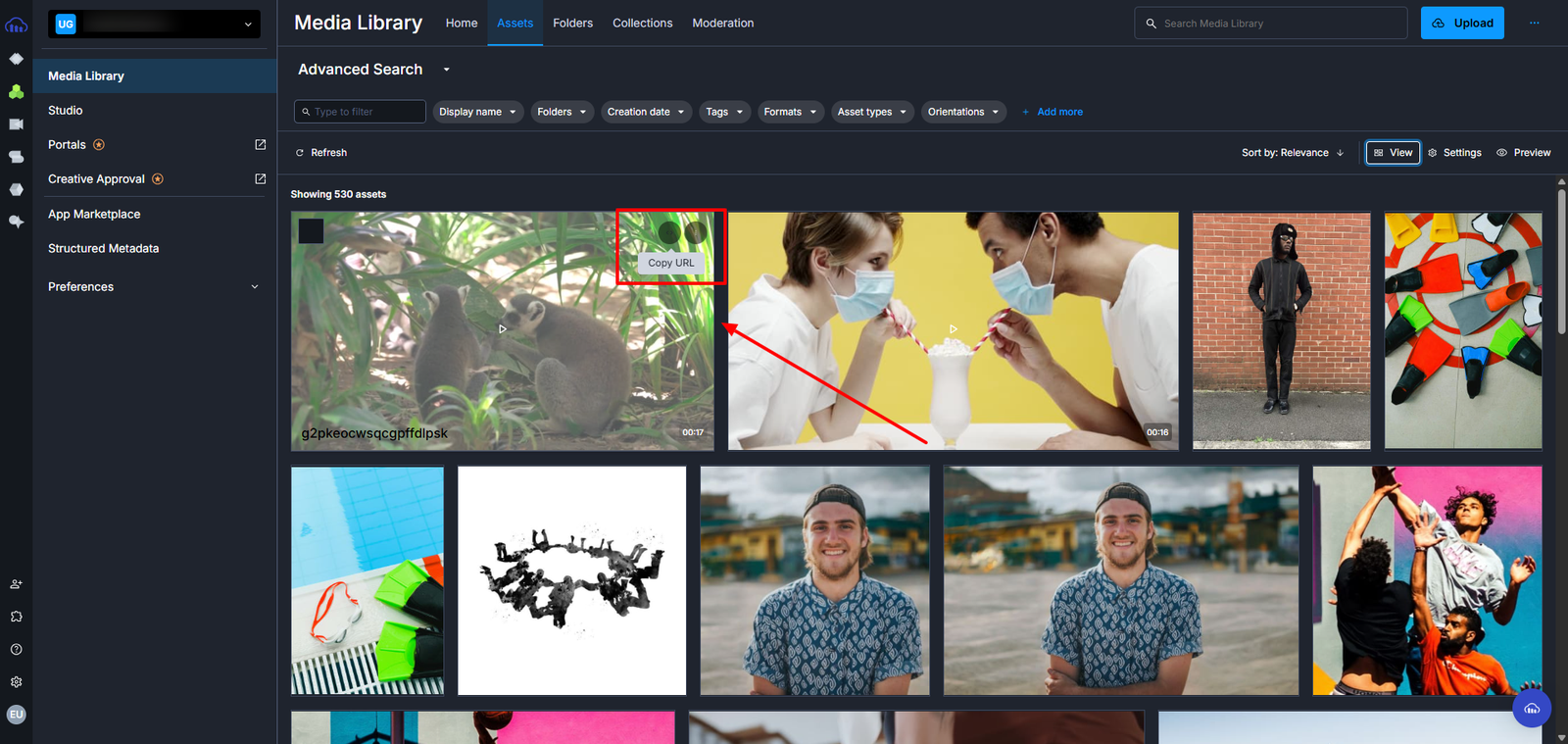 Cloudinary Media Library. Copy URL button highlighted on the top right of the lemur file
