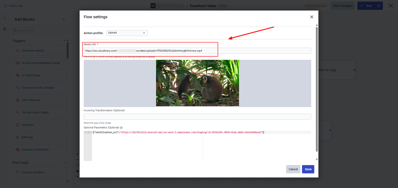 Media URL highlighted in Flow settings
