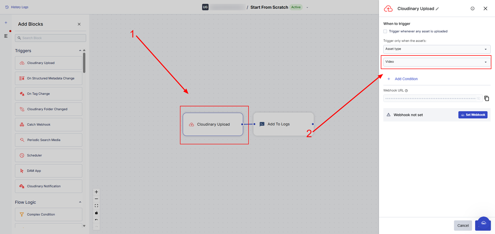 Cloudinary Upload block and Video dropdown option highlighted