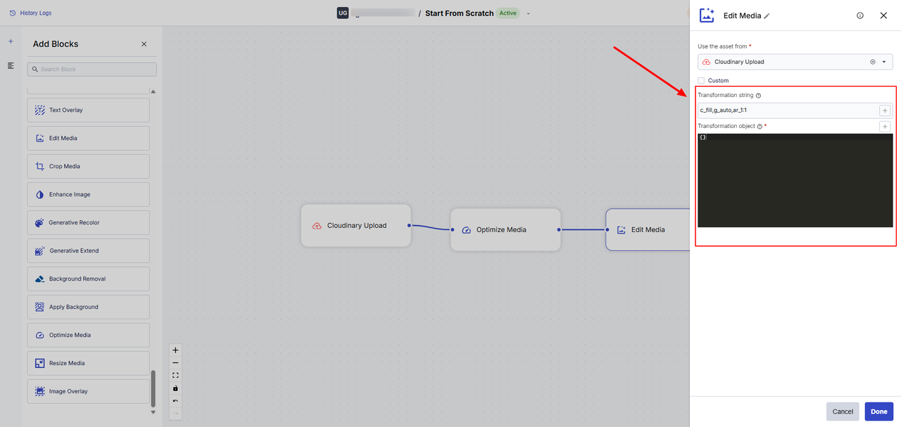 Edit Media block: Transformation string is c_fill, g_auto, ar_1:1