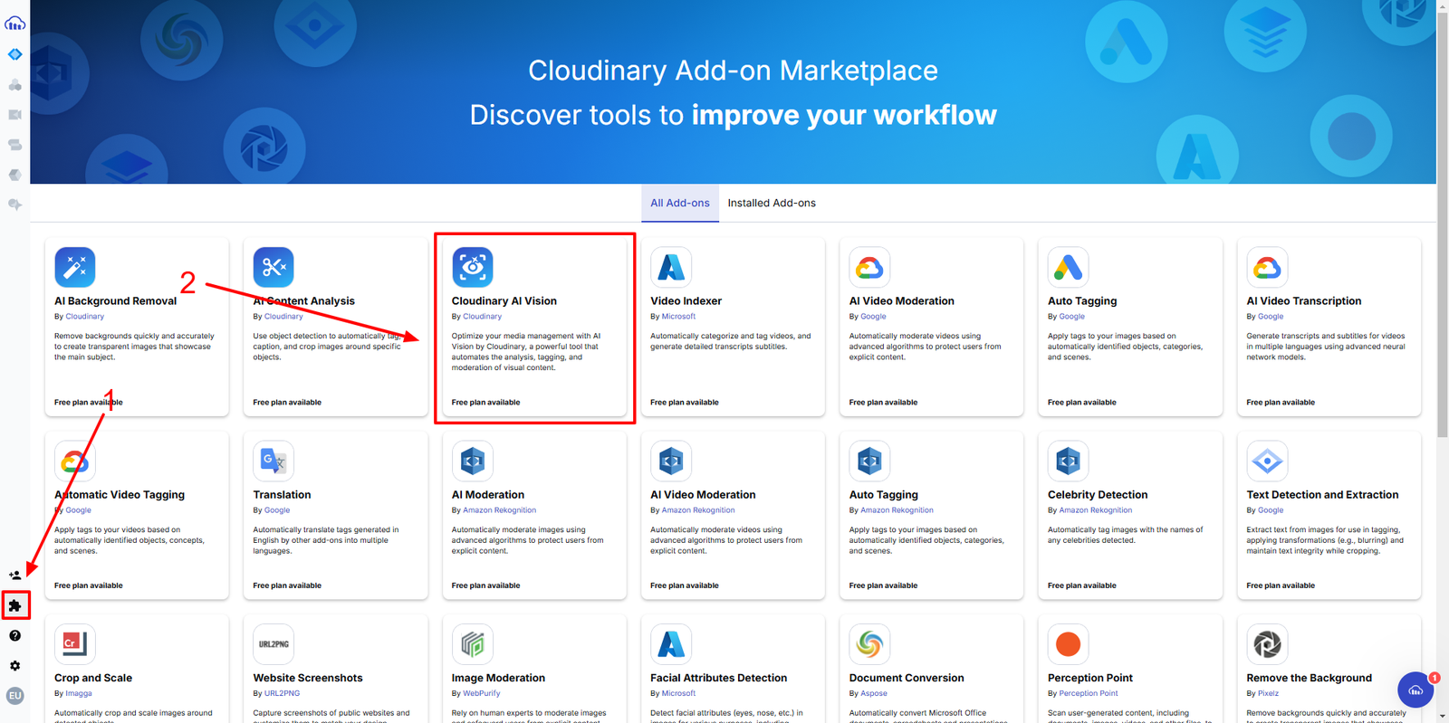 Cloudinary Add-on Marketplace. Cloudinary AI Vision is highlighted.