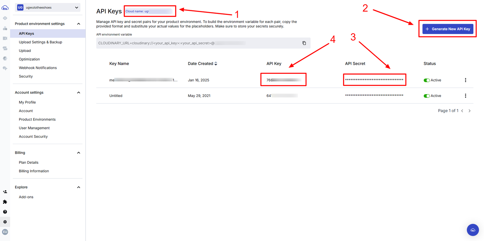 Cloudinary API Keys page