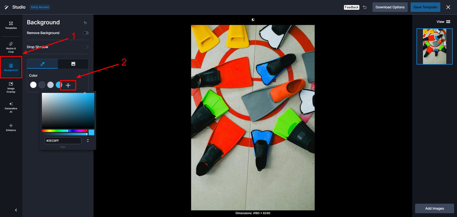 Background AI feature to apply transformations. A pile of scuba diving fins on the floor.