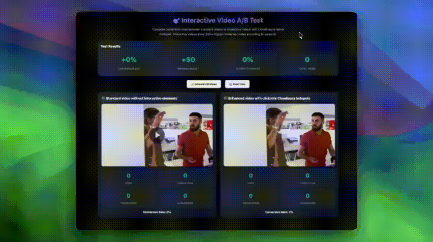 GIF of a simulation of an A/B test showing interactive video on the left and a traditional video on the right