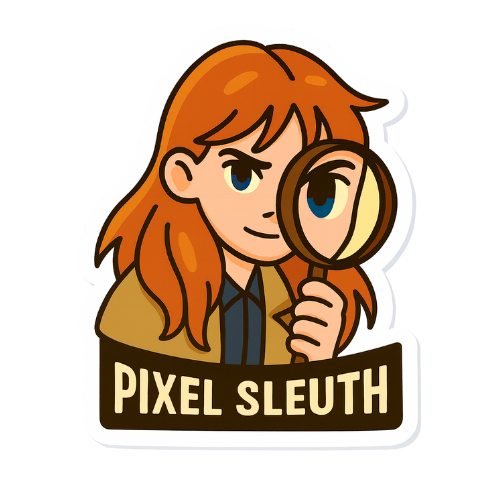 A cartoon version of Clara Denari with the words "Pixel Sleuth" around her.