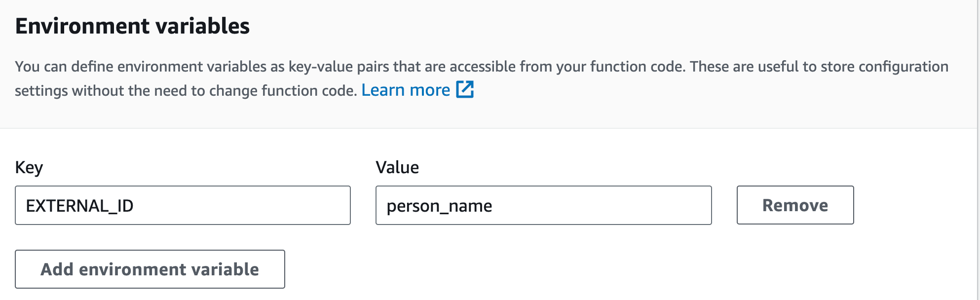 Environment variables with the key and value filed out