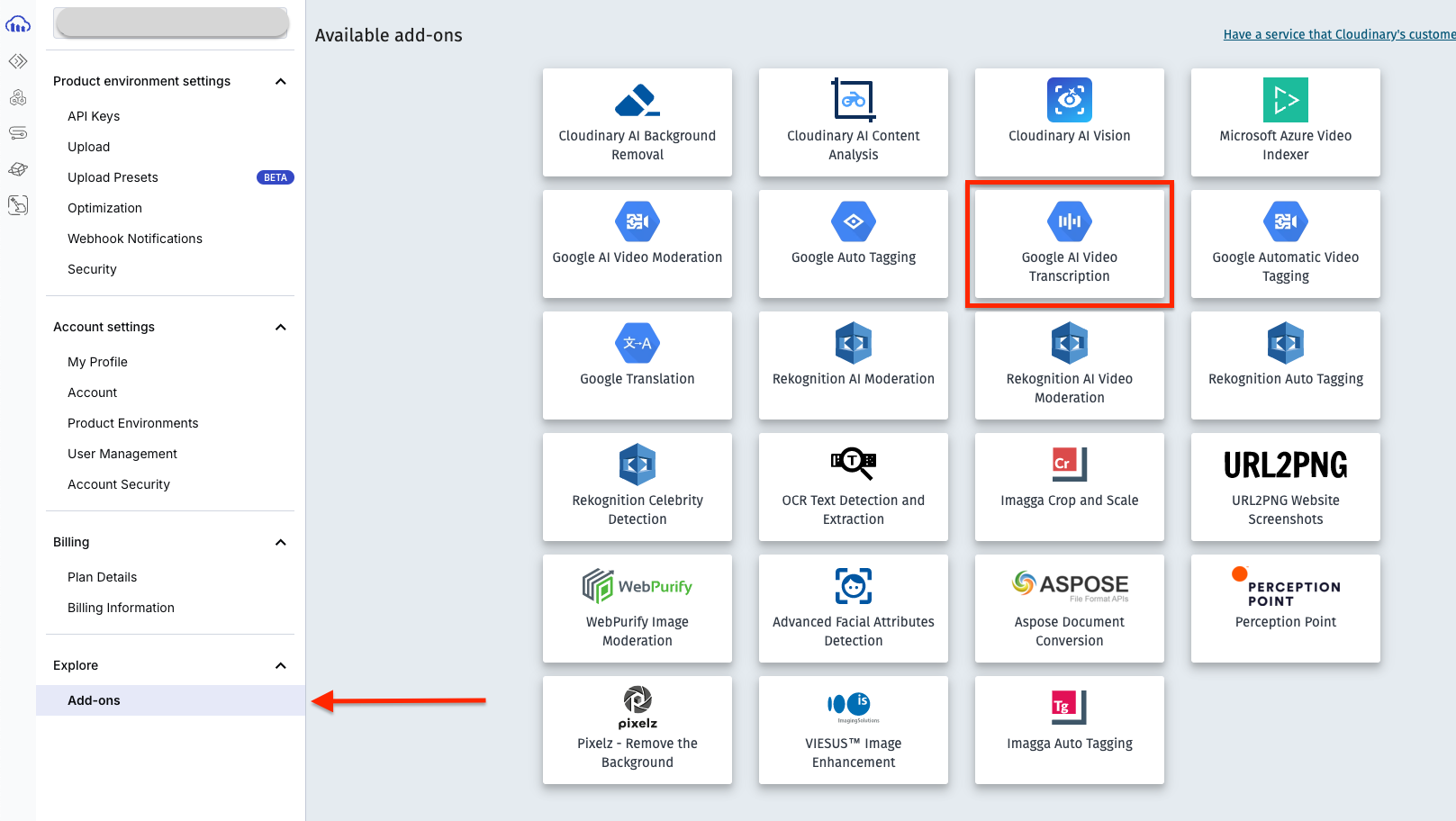 Cloudinary add-ons with Google Ai Video Transcription add-on outlined in red